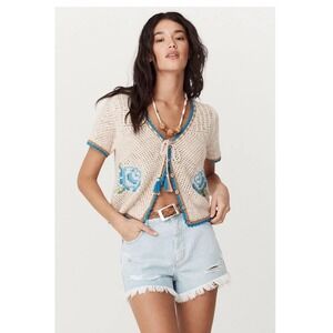 Spell Coastal Granny Crochet Short Sleeve Top Size M Boho Beachy Organic